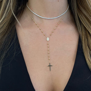 Female Model Wearing Diamond & Gold Rosary Necklace  - 14K gold  - diamonds totaling 0.11 carats