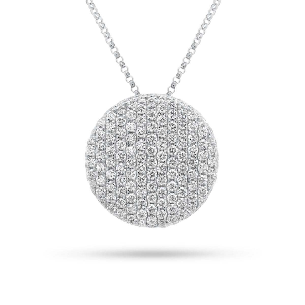 Diamond Large Disc Pendant  - 14K gold weighing 4.63 grams  - 155 round diamonds totaling 1.80 carats