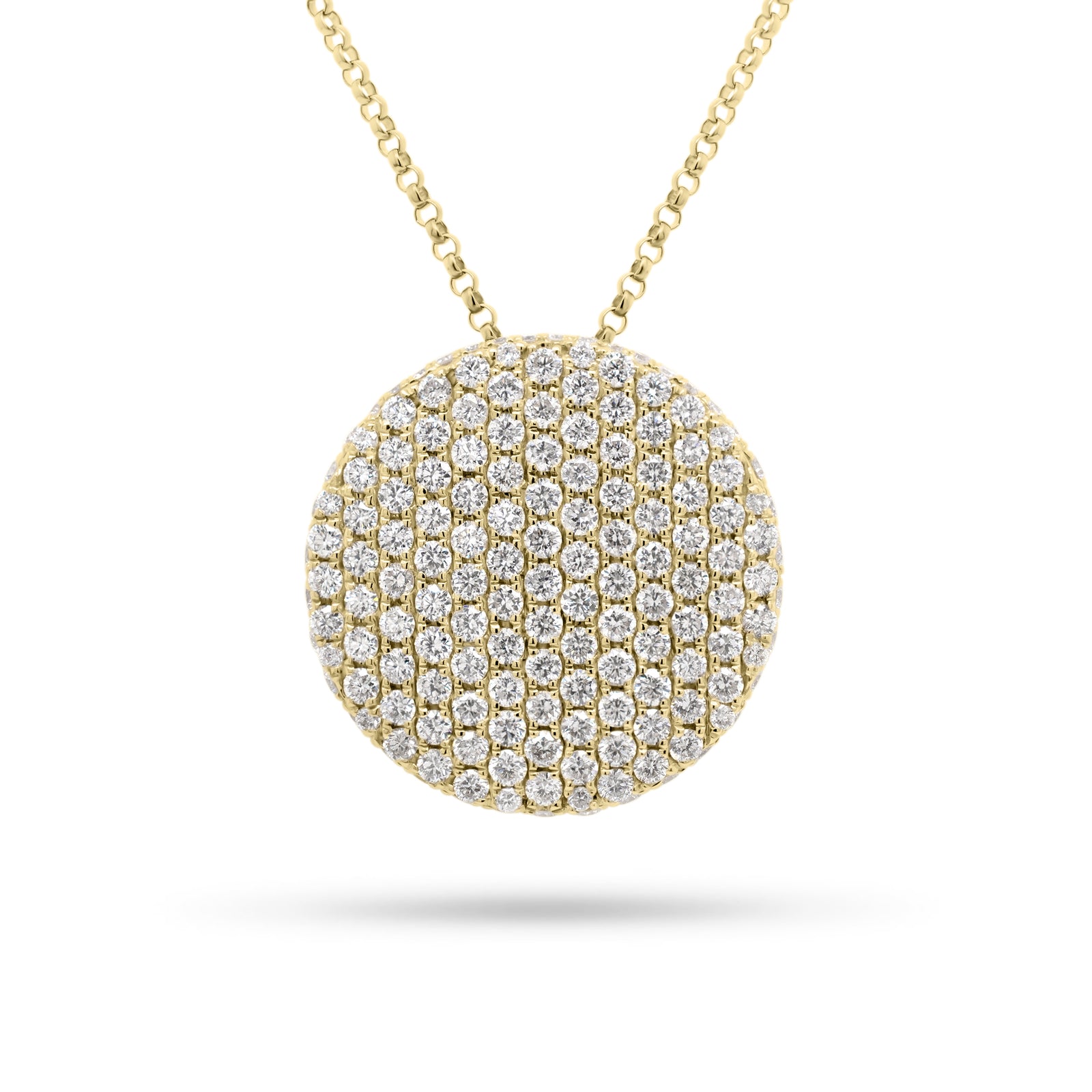 Diamond Large Disc Pendant  - 14K gold weighing 4.63 grams  - 155 round diamonds totaling 1.80 carats