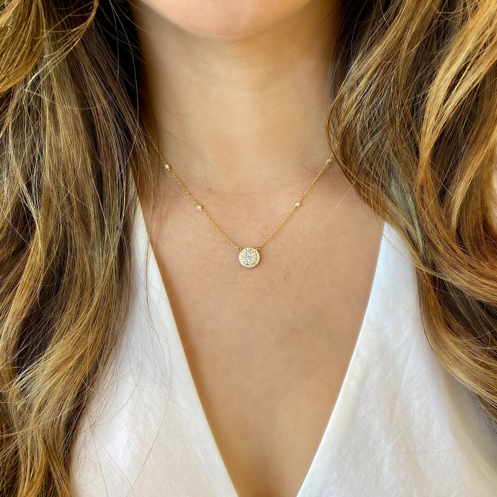 Diamond Cluster Pendant with Halo & Diamond Bezels  - 18K gold weighing 3.61 grams  - 39 round diamonds totaling 0.59 carats