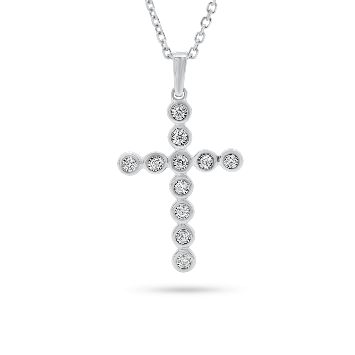 Bezel-Set Diamond Cross Pendant  - 14K gold weighing 2.34 grams  - 11 round diamonds totaling 0.07 carats