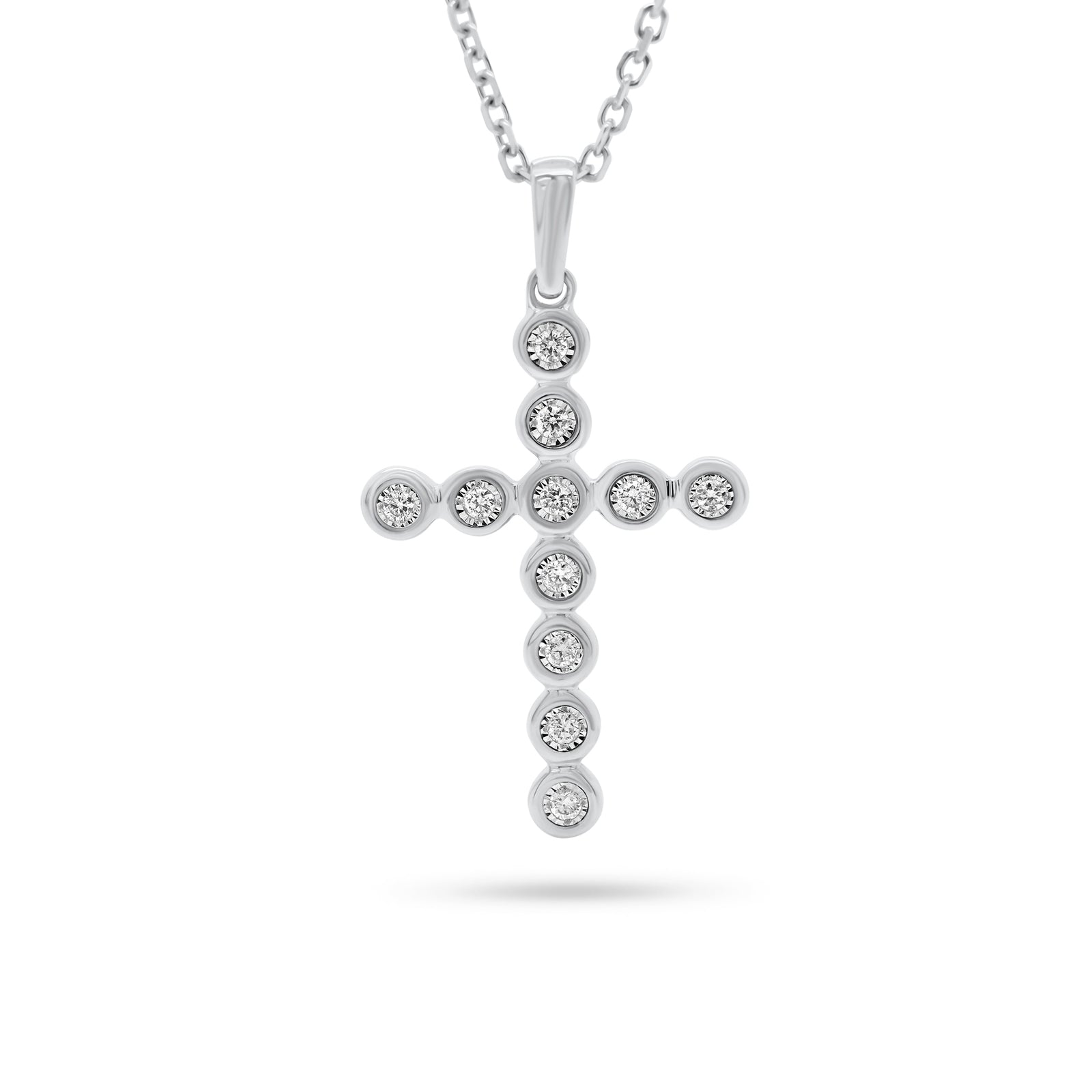 Bezel-Set Diamond Cross Pendant  - 14K gold weighing 2.34 grams  - 11 round diamonds totaling 0.07 carats