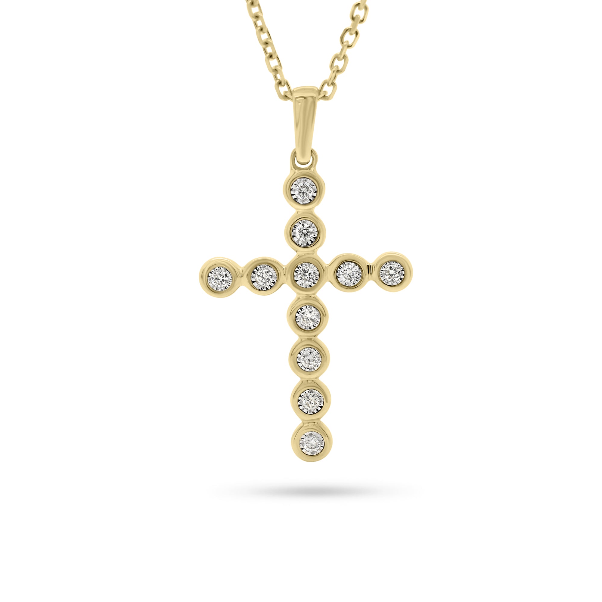 Bezel-Set Diamond Cross Pendant  - 14K gold weighing 2.34 grams  - 11 round diamonds totaling 0.07 carats