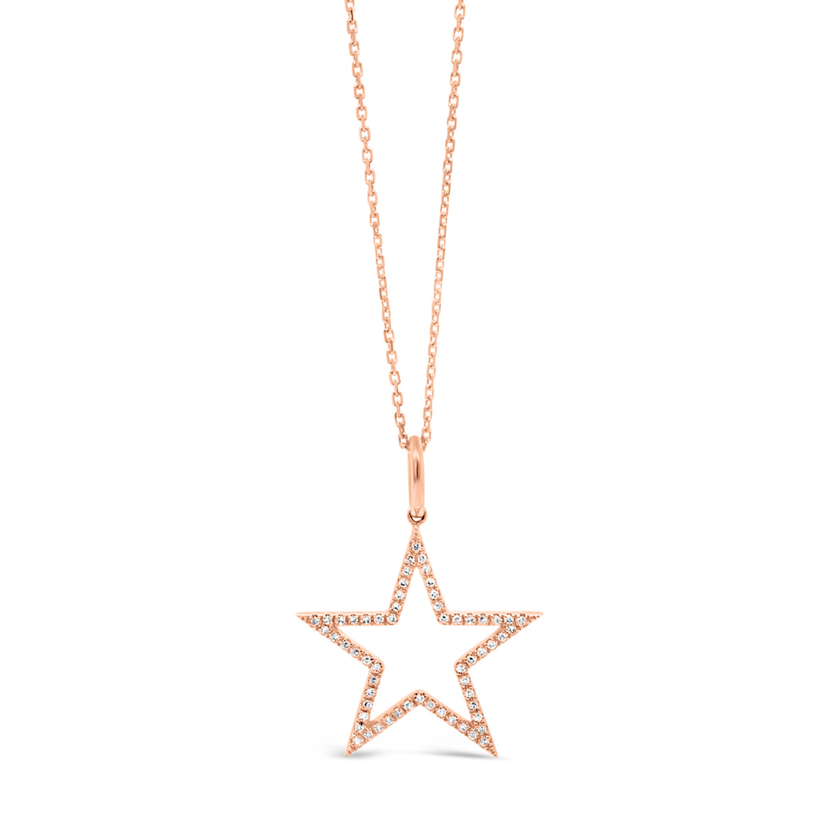 Diamond Open Star Pendant Necklace  - 14K gold weighing 1.46 Grams.  - 60 round diamonds totaling 0.16 carats.
