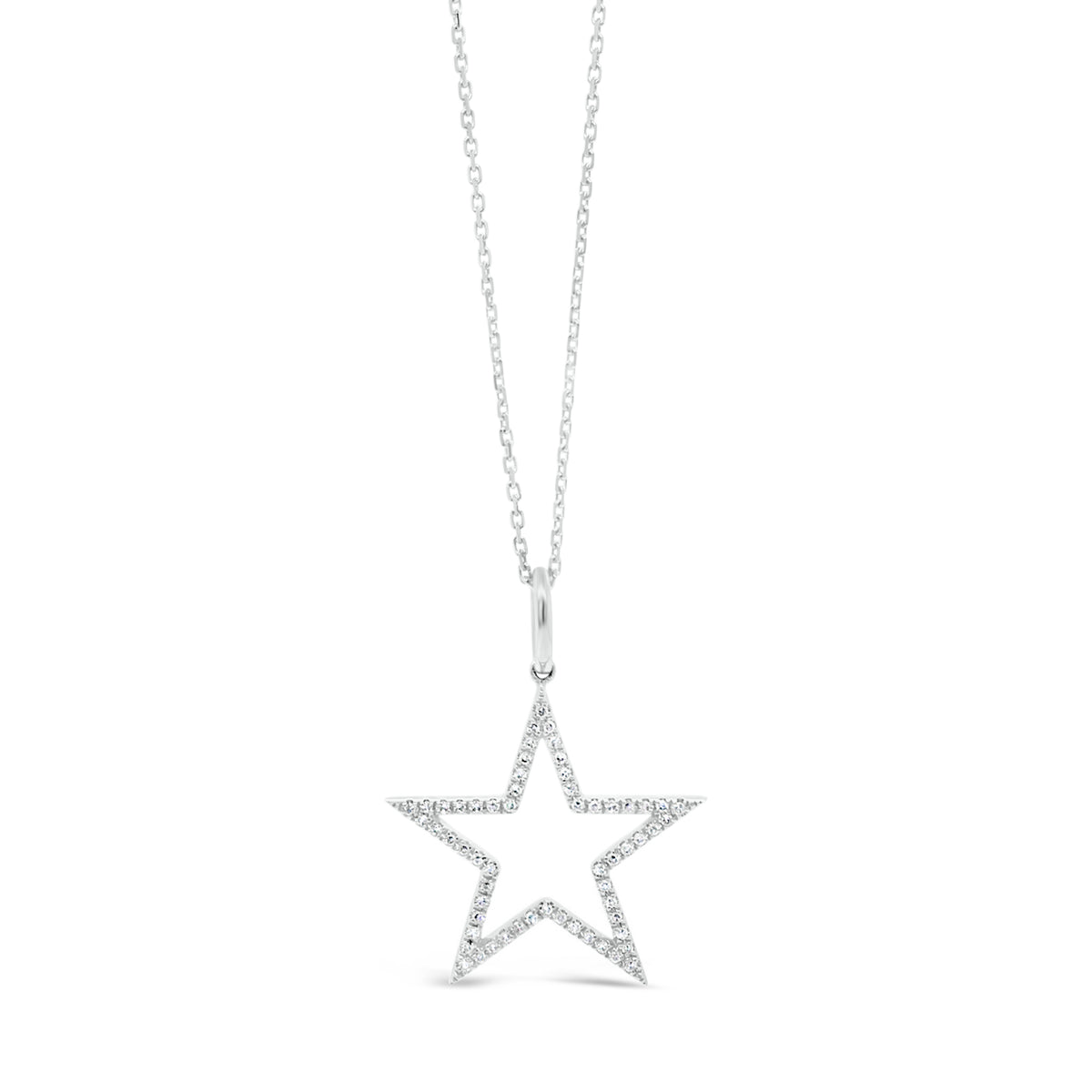 Diamond Open Star Pendant Necklace  - 14K gold weighing 1.46 Grams.  - 60 round diamonds totaling 0.16 carats.