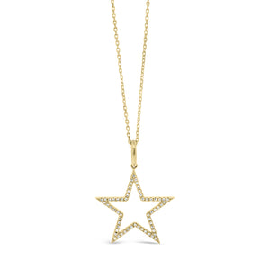 Diamond Open Star Pendant Necklace  - 14K gold weighing 1.46 Grams.  - 60 round diamonds totaling 0.16 carats.