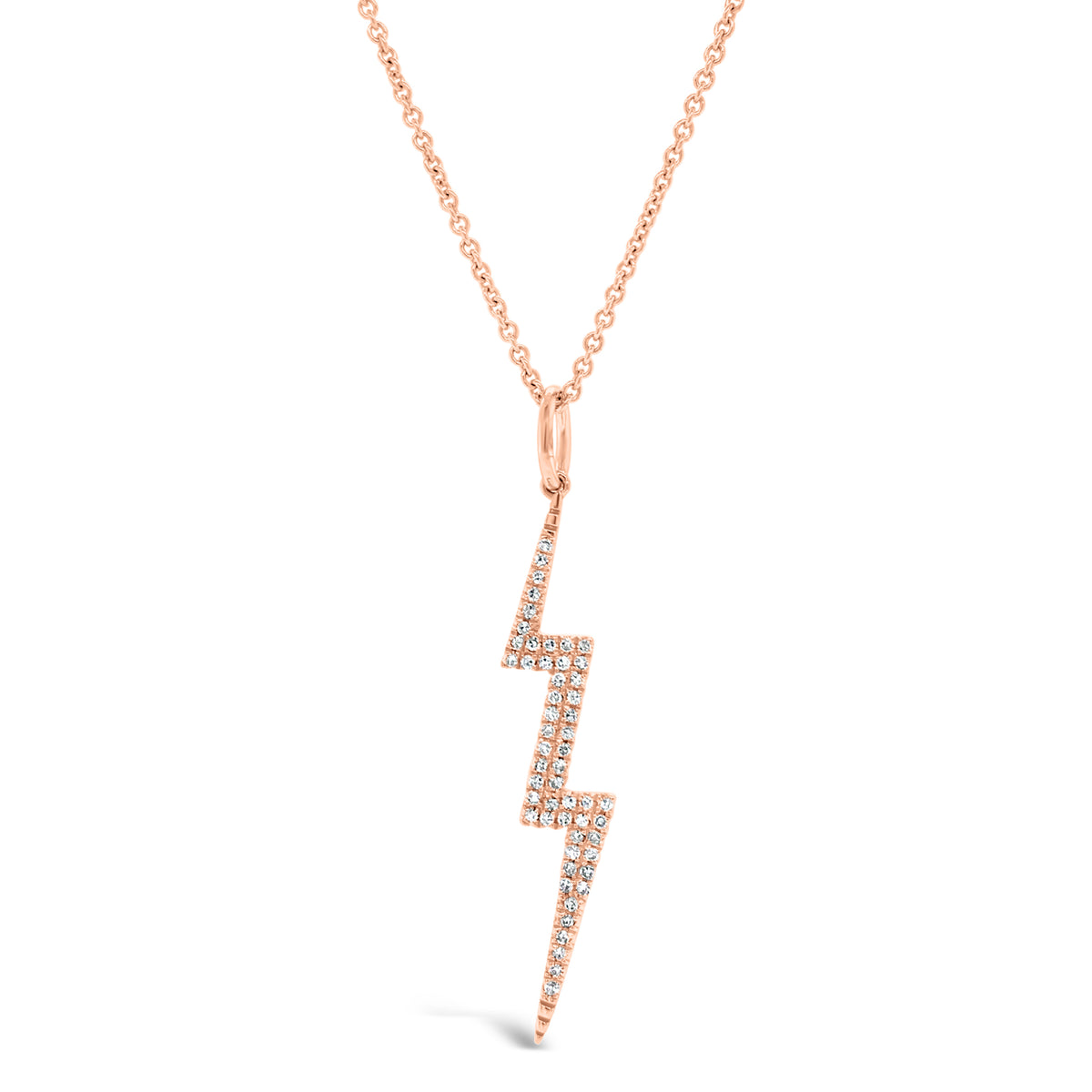 Diamond Lightning Bolt Pendant  - 14K rose gold weighing 1.29 grams.   - 54 round diamonds totaling 0.21 carats.