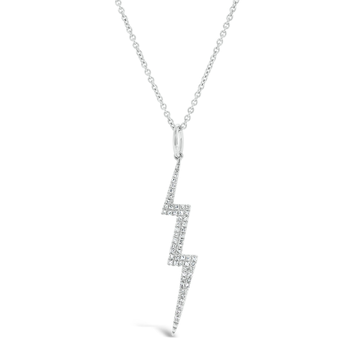 Diamond Lightning Bolt Pendant  - 14K white gold weighing 1.29 grams.   - 54 round diamonds totaling 0.21 carats.