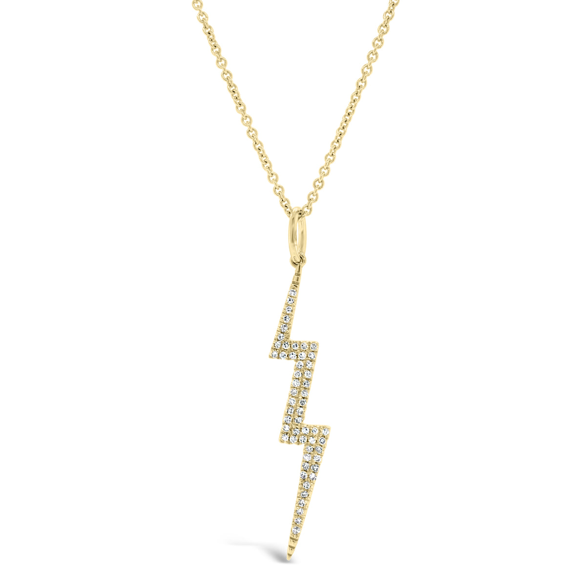 Diamond Lightning Bolt Pendant  - 14K yellow gold weighing 1.29 grams.   - 54 round diamonds totaling 0.21 carats.