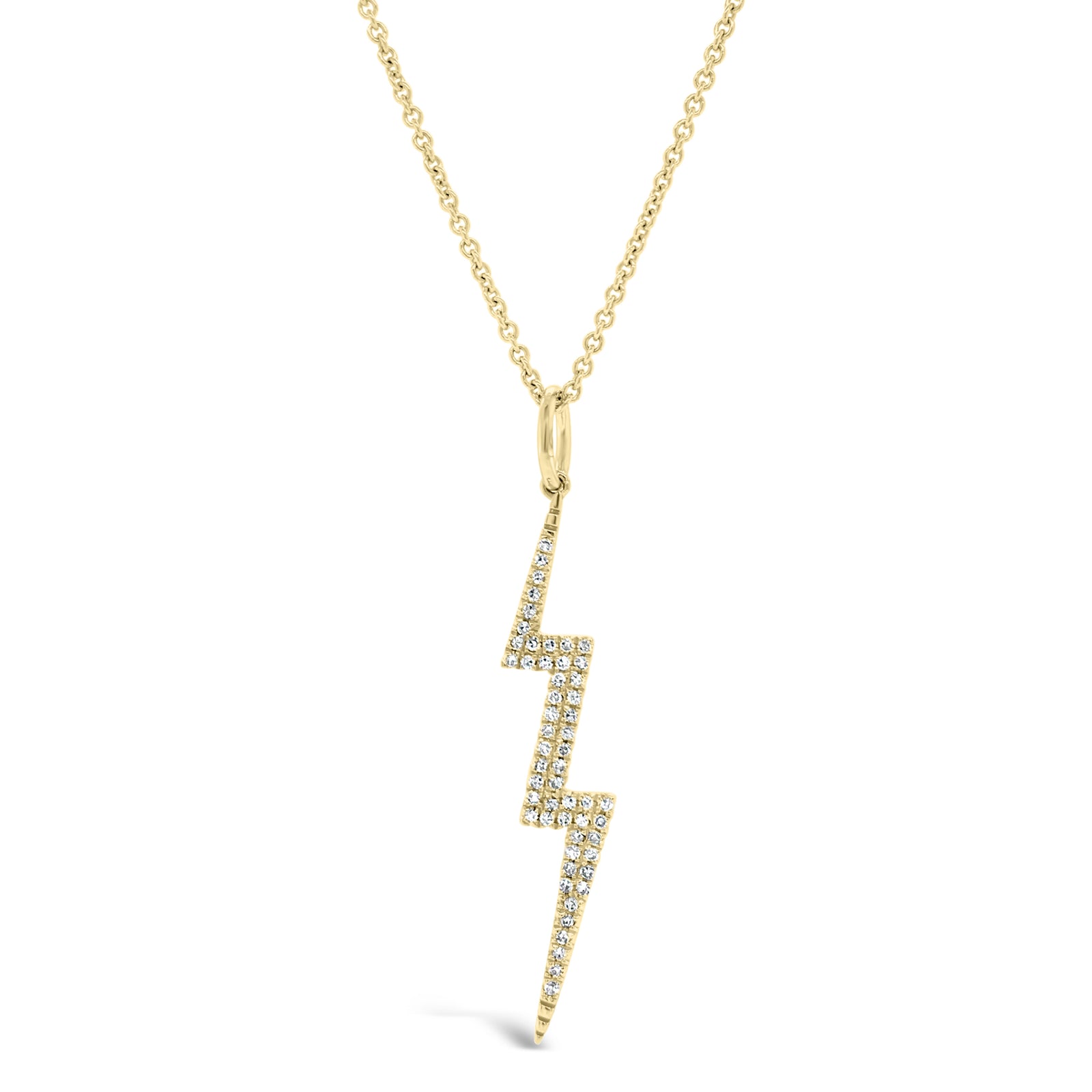 Diamond Lightning Bolt Pendant  - 14K yellow gold weighing 1.29 grams.   - 54 round diamonds totaling 0.21 carats.