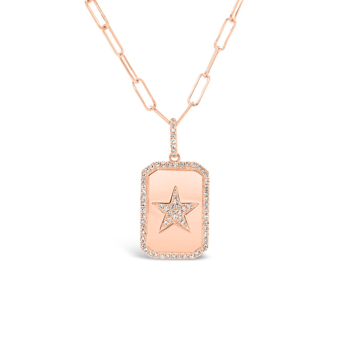Diamond Star Dog Tag Charm  -14K gold weighing 3.35 grams  -72 round diamonds totaling 0.19 carats