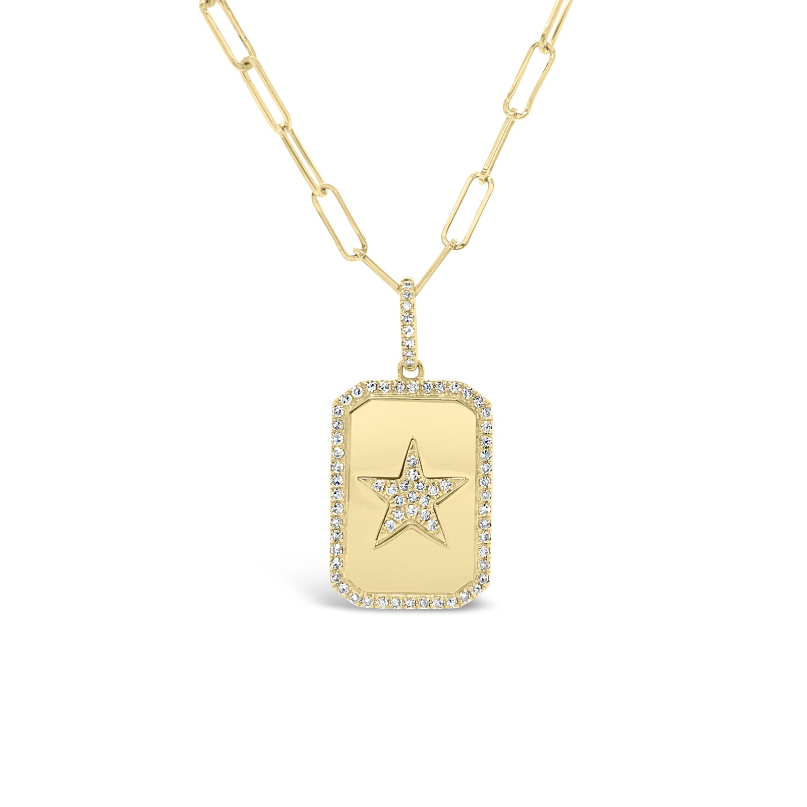 Diamond Star Dog Tag Charm  -14K gold weighing 3.35 grams  -72 round diamonds totaling 0.19 carats