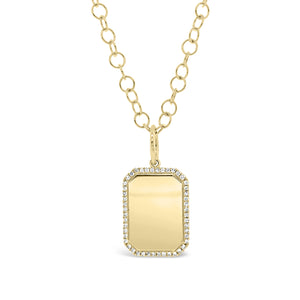 Diamond Frame Dog Tag Charm  -14K gold weighing 2.56 grams  -48 round diamonds totaling 0.17 carats  Available in yellow, white, and rose gold.