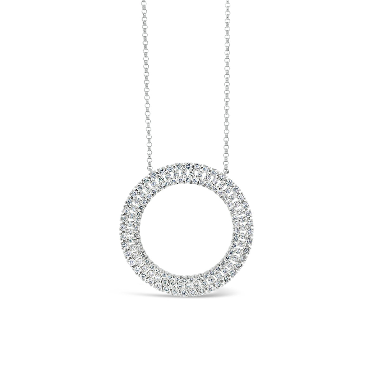 Diamond Open Circle Pendant Necklace - 14K gold weighing 4.66 grams.  - 132 round diamonds totaling 1.48 carats
