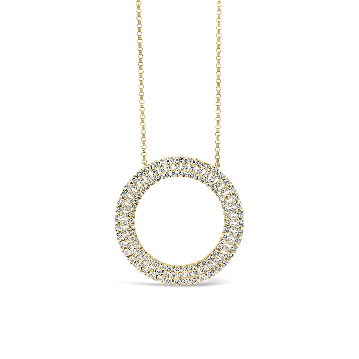 Diamond Open Circle Pendant Necklace - 14K gold weighing 4.66 grams.  - 132 round diamonds totaling 1.48 carats