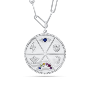 Diamond & Multicolor Gemstone Lucky Symbols Large Disc Pendant - 14K gold weighing 8.48 grams - 122 round diamonds totaling 0.34 carats - 7 multicolor gemstones totaling 0.22 carats.
