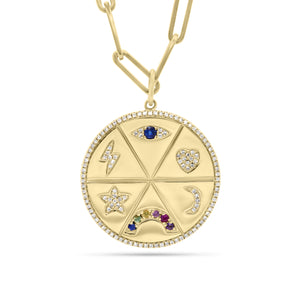 Diamond & Multicolor Gemstone Lucky Symbols Large Disc Pendant - 14K gold weighing 8.48 grams - 122 round diamonds totaling 0.34 carats - 7 multicolor gemstones totaling 0.22 carats. Available in yellow, white, and rose gold.