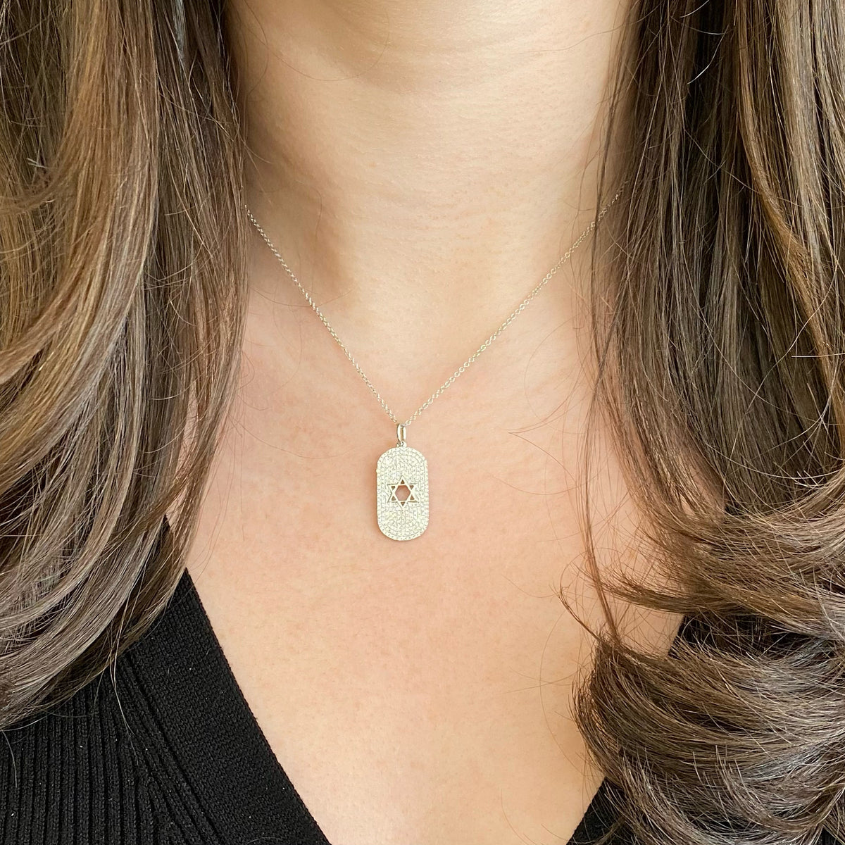 Female Model Wearing Diamond Star of David Dog Tag Necklace  - 14K gold  - 0.49 cts round diamonds