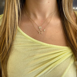 Female Model Wearing Diamond Double Star Necklace  - 14K gold  - 0.18 cts round diamonds