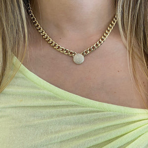 Female Model Wearing Diamond Disc Curb Chain Choker - 14K gold  - 0.49 cts round diamonds