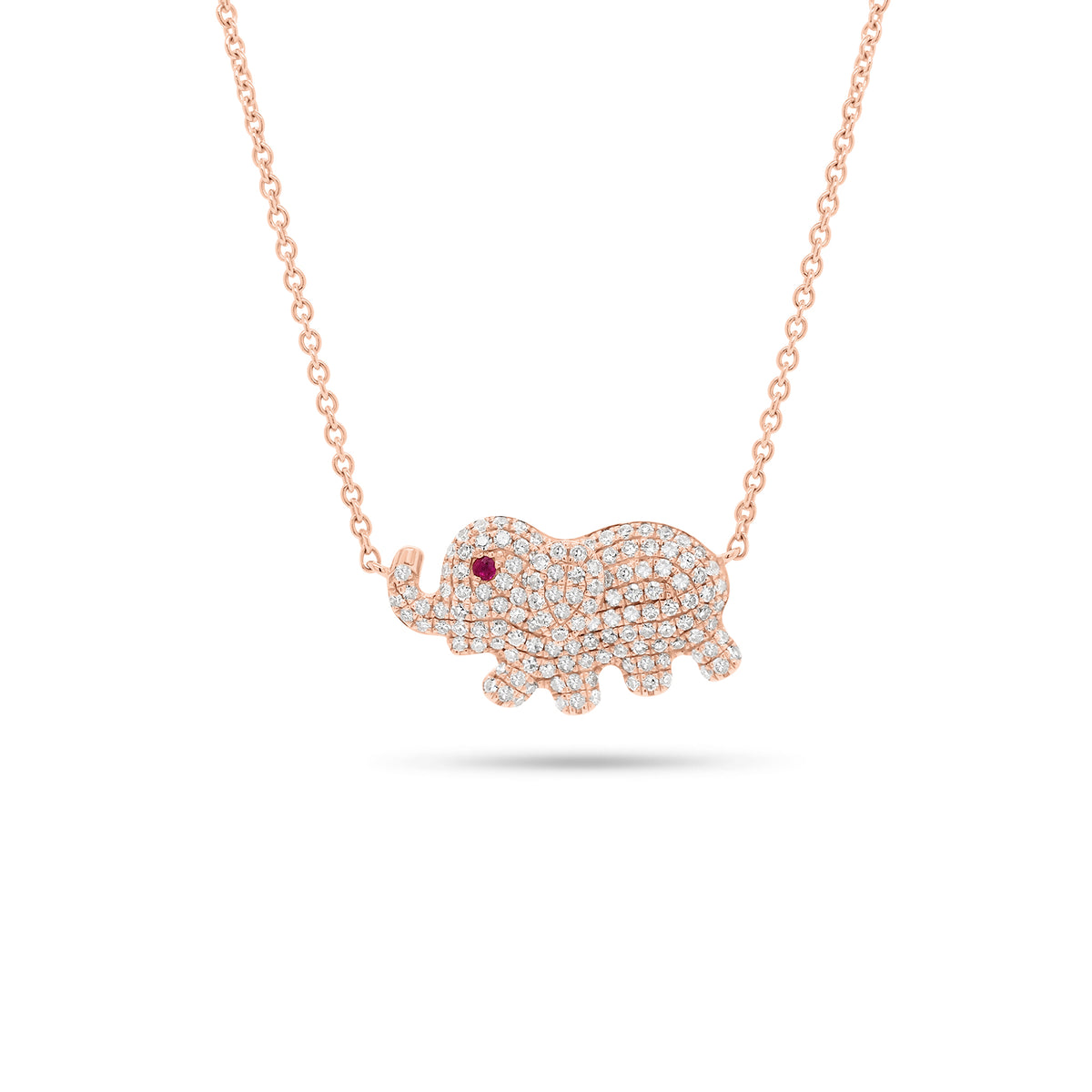 Pave Diamond Elephant Pendant Necklace  -14k rose gold weighing 3.30 grams  -145 round diamonds weighing 0.48 carats  -1 ruby weighing 0.02 carats