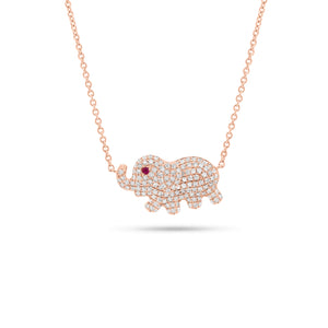 Pave Diamond Elephant Pendant Necklace  -14k rose gold weighing 3.30 grams  -145 round diamonds weighing 0.48 carats  -1 ruby weighing 0.02 carats