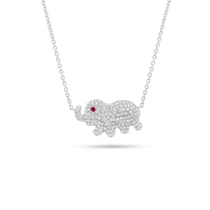 Pave Diamond Elephant Pendant Necklace  -14k white gold weighing 3.30 grams  -145 round diamonds weighing 0.48 carats  -1 ruby weighing 0.02 carats