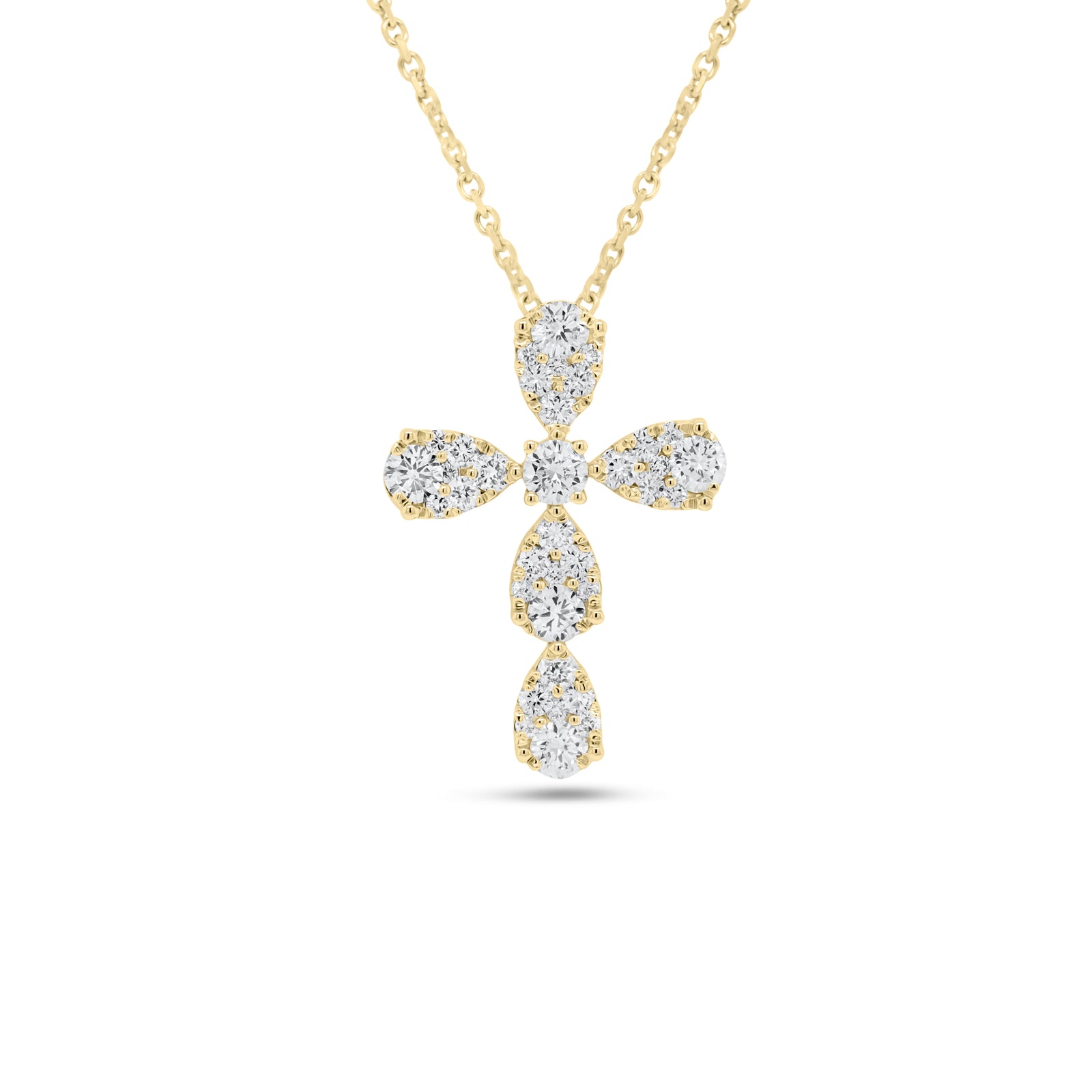 Diamond Teardrops Cross Pendant  - 18K gold weighing 1.46 grams; 14K gold weighing 1.60 grams  - 36 round diamonds totaling 0.65 carats