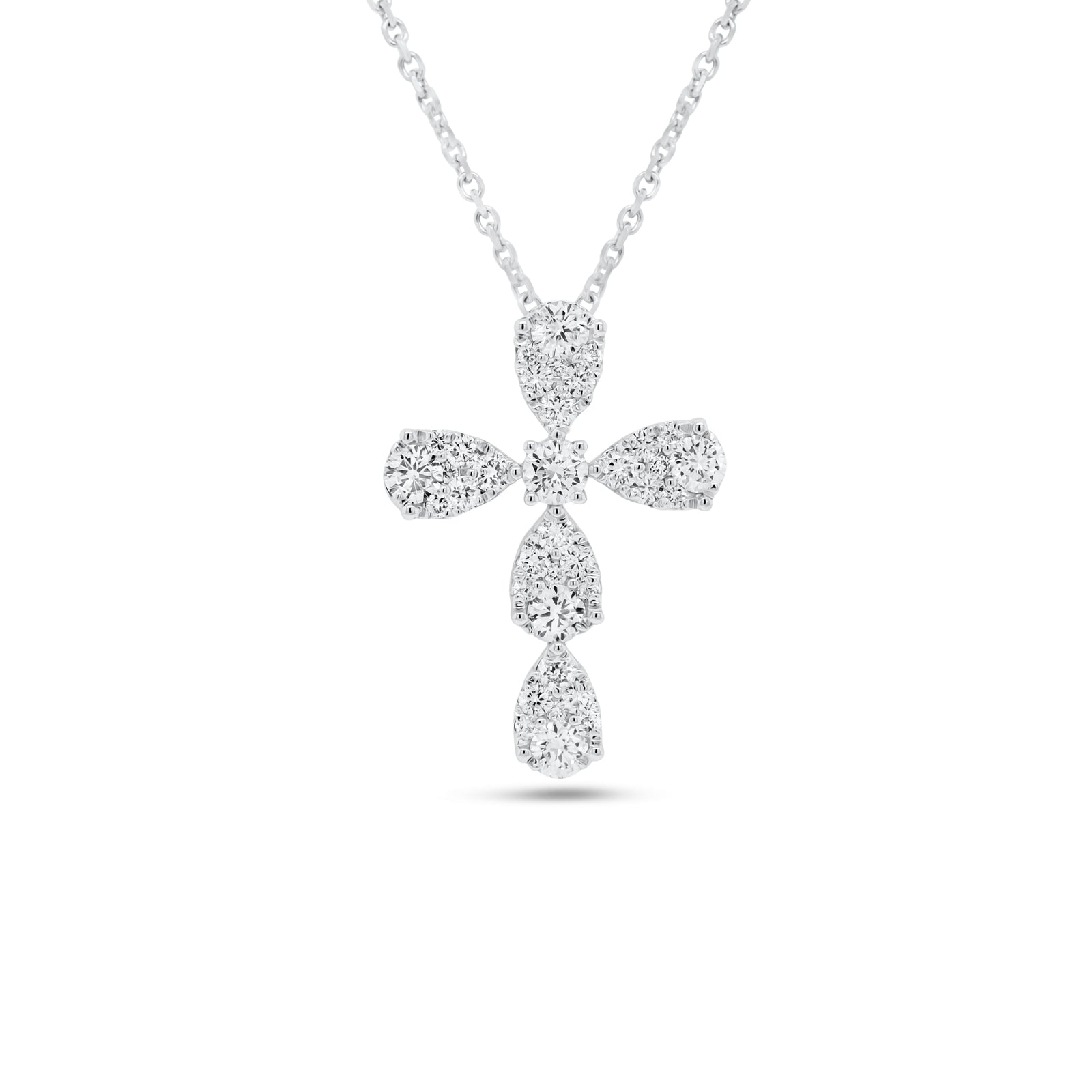Diamond Teardrops Cross Pendant  - 18K gold weighing 1.46 grams; 14K gold weighing 1.60 grams  - 36 round diamonds totaling 0.65 carats