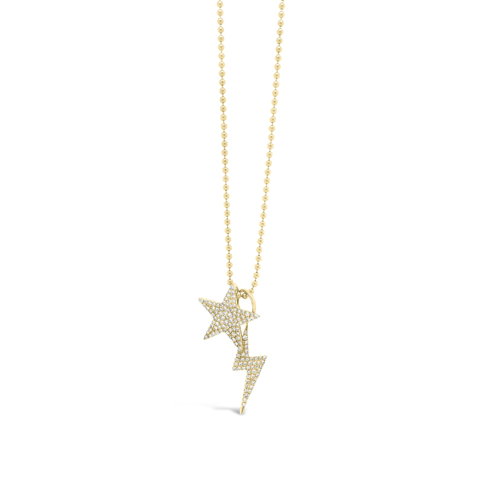 Items sold separately.  Diamond Star & Lightning Bolt Pendants  -0.31 total carat weight (star) set in 14kt gold weighing 0.74 grams  -0.25 total carat weight (lightning bolt) set in 14kt gold weighing 0.76 grams  Available in yellow, white, and rose gold.