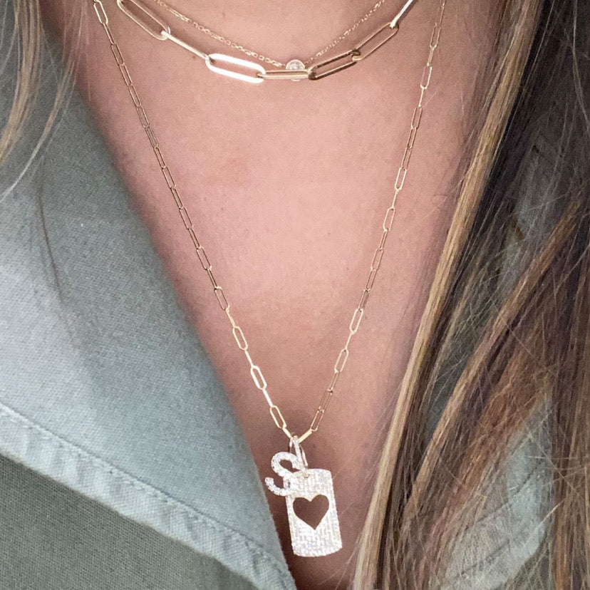 Diamond Open Heart Dog Tag Necklace  -187 round diamonds with a 0.52 total carat weight.  -14 kt gold weighing 1.77 grams