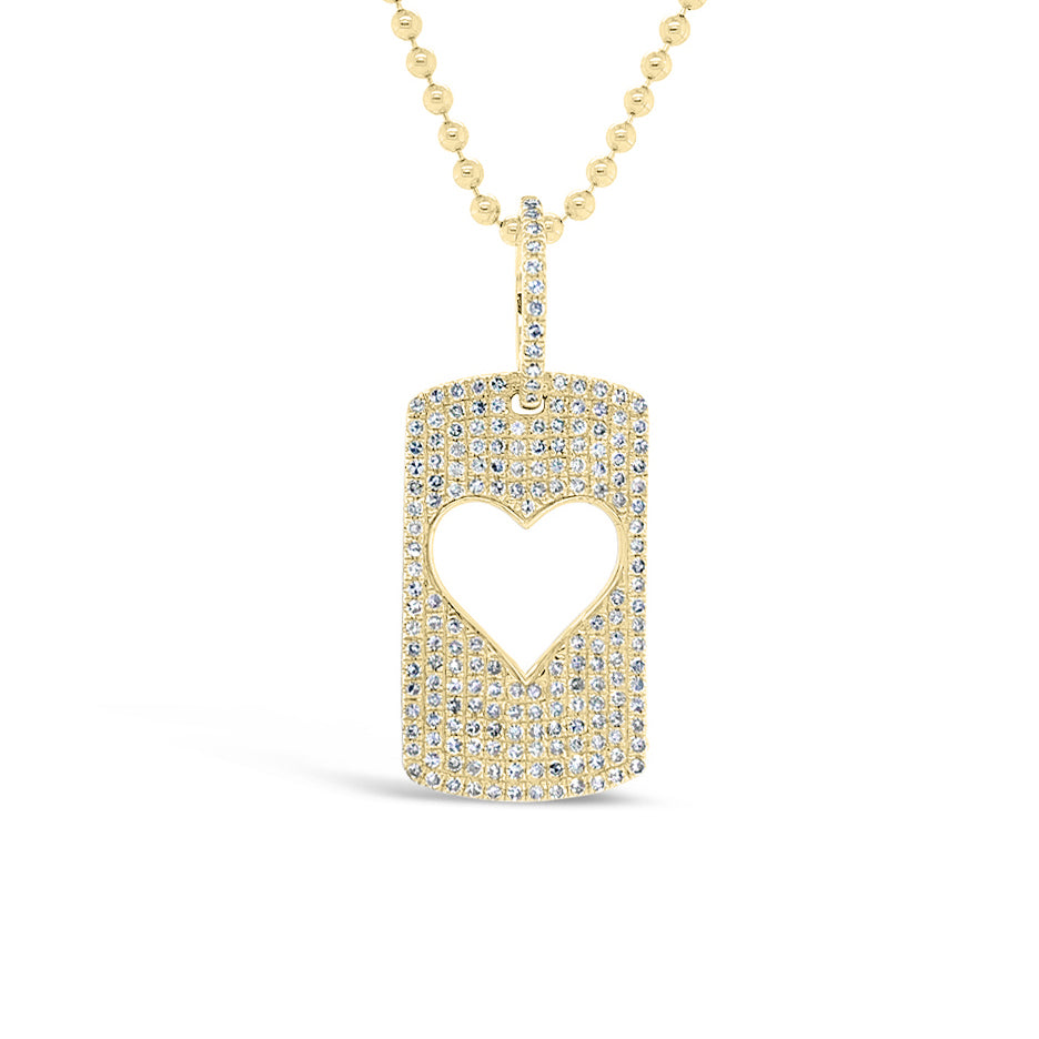Diamond Open Heart Dog Tag Necklace  -187 round diamonds with a 0.52 total carat weight.  -14 kt gold weighing 1.77 grams