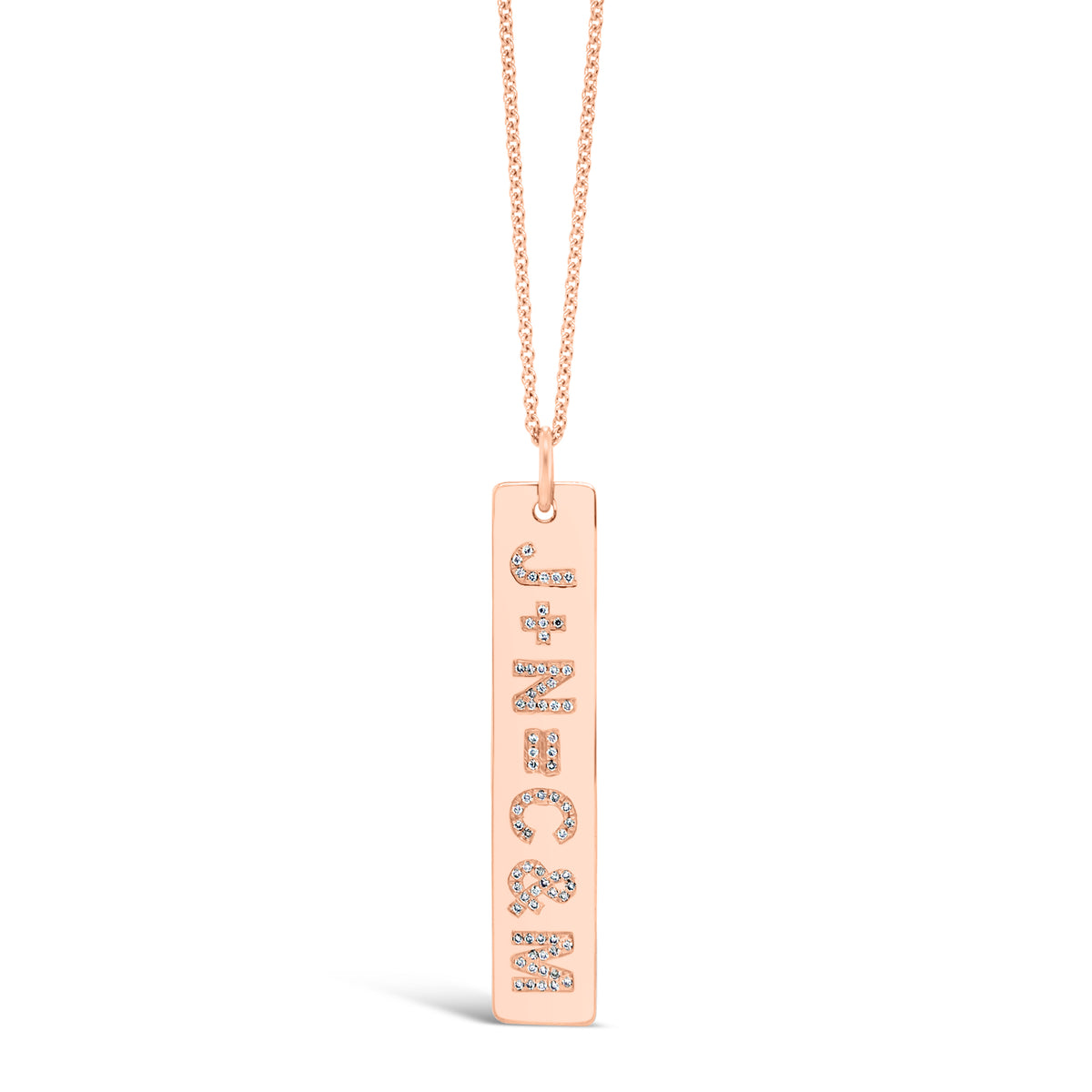 Diamond Initials Bar Pendant  - 14K gold weighing 7.3 grams  - 74 round diamonds totaling 0.15 carats