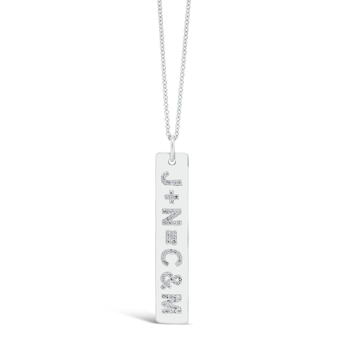 Diamond Initials Bar Pendant  - 14K gold weighing 7.3 grams  - 74 round diamonds totaling 0.15 carats