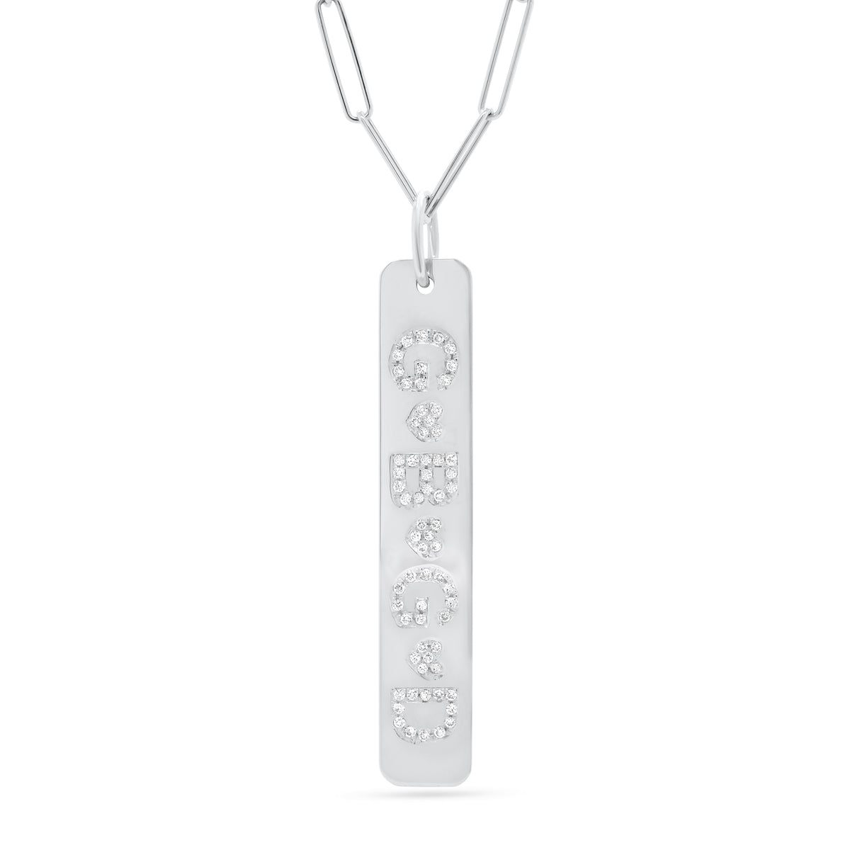 Diamond Initials Bar Pendant  - 14K gold weighing 7.3 grams  - 74 round diamonds totaling 0.15 carats