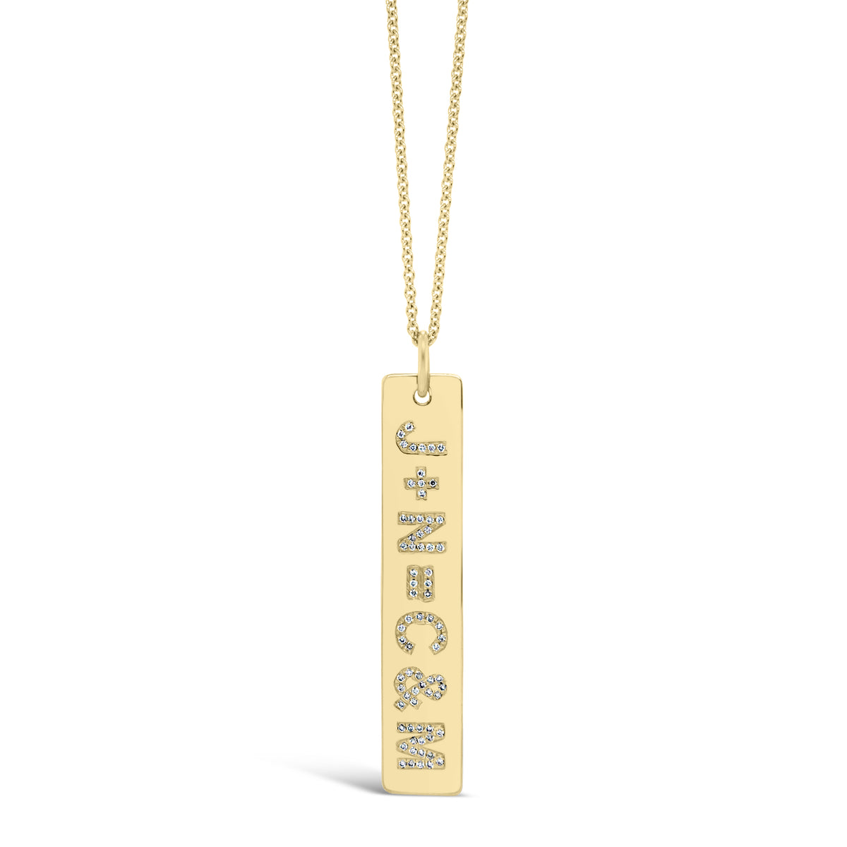 Diamond Initials Bar Pendant  - 14K gold weighing 7.3 grams  - 74 round diamonds totaling 0.15 carats