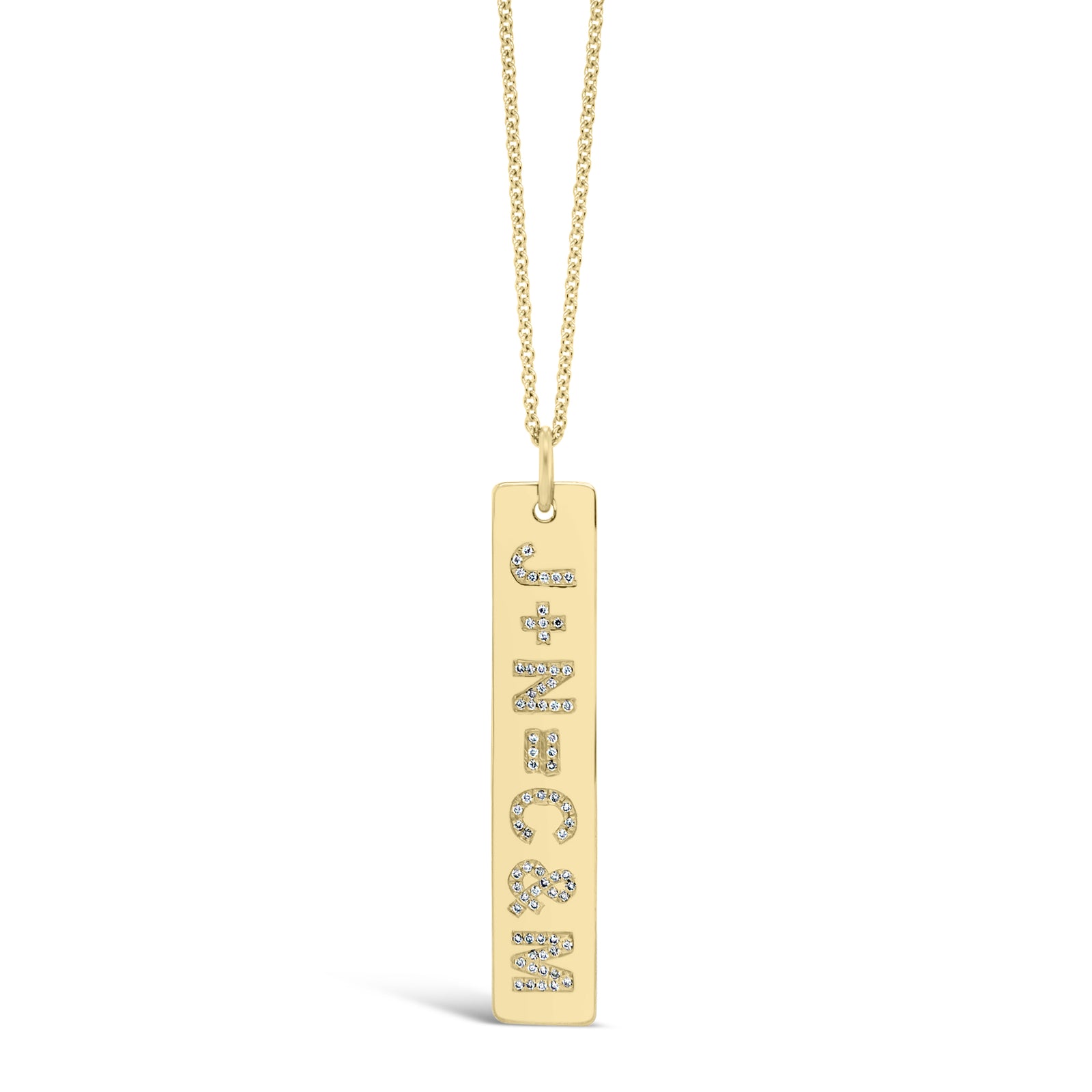 Diamond Initials Bar Pendant  - 14K gold weighing 7.3 grams  - 74 round diamonds totaling 0.15 carats