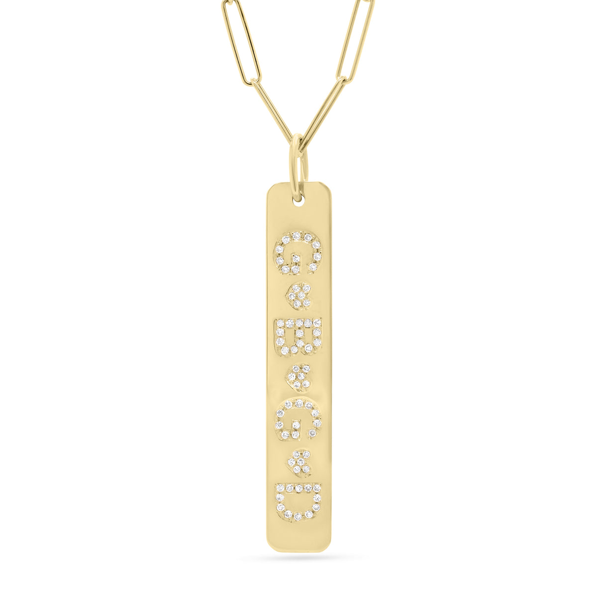 Diamond Initials Bar Pendant  - 14K gold weighing 7.3 grams  - 74 round diamonds totaling 0.15 carats
