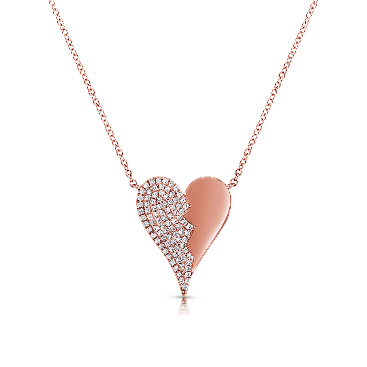 Diamond Broken Heart Pendant - 14K rose gold weighing 3.05 grams - 90 round diamonds totaling 0.24 carats