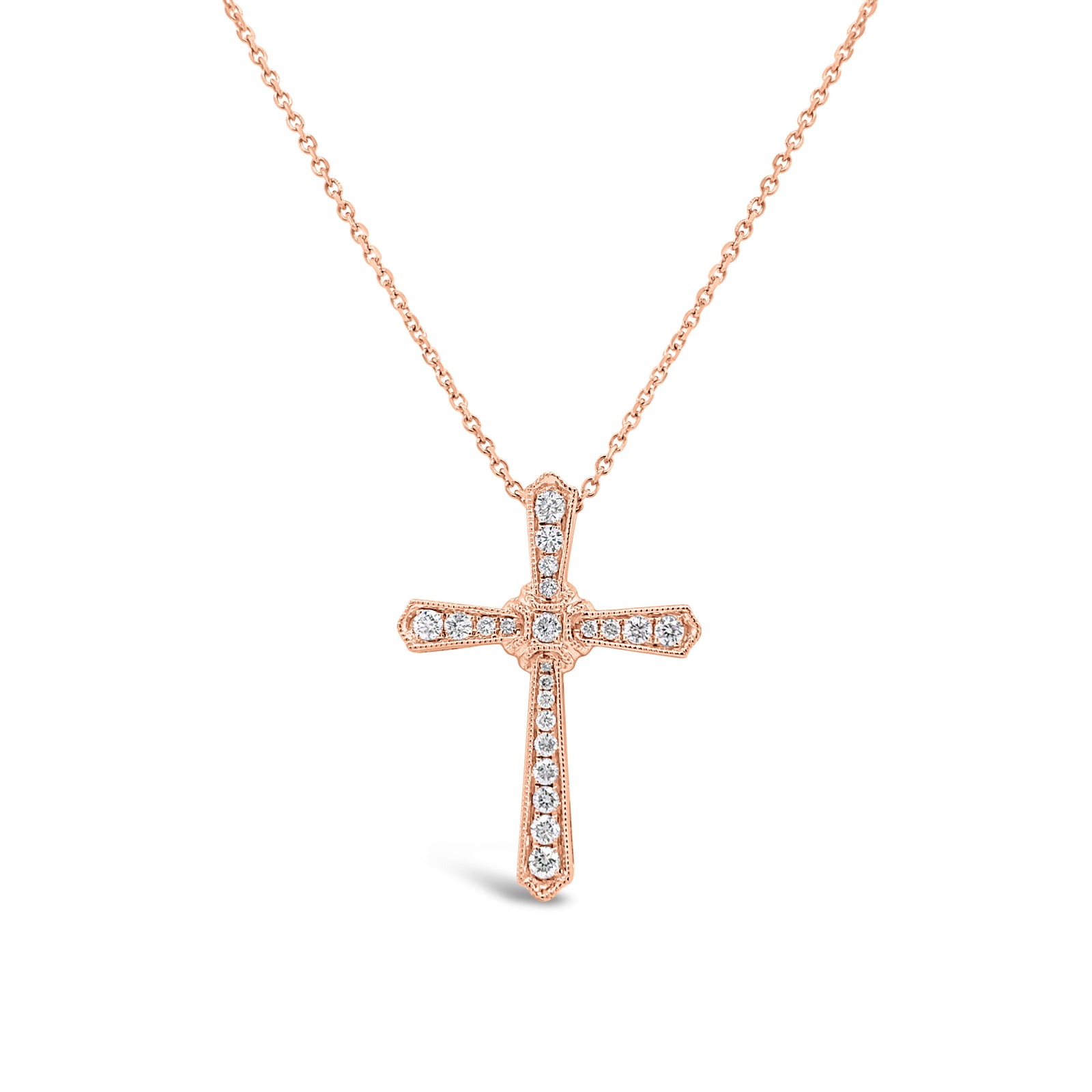 Diamond Cross Pendant with Milgrain Detail  -14K gold weighing 3.71 grams  -22 round diamonds totaling 0.33 carats