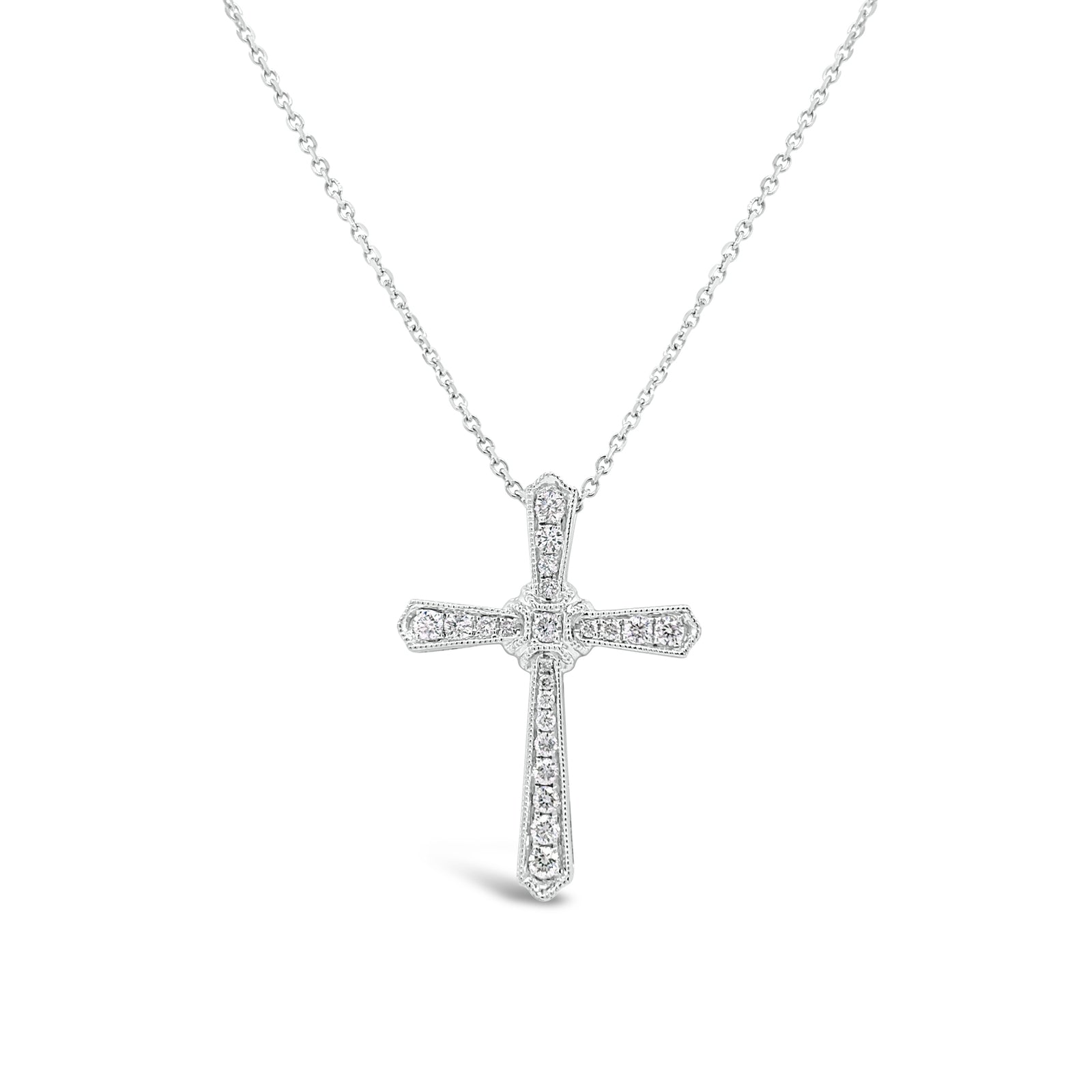 Diamond Cross Pendant with Milgrain Detail  -14K gold weighing 3.71 grams  -22 round diamonds totaling 0.33 carats