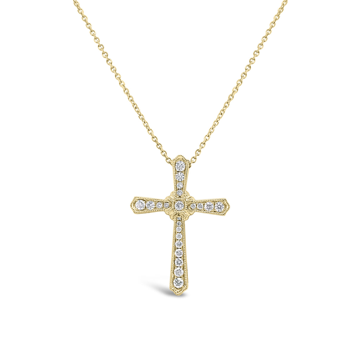 Diamond Cross Pendant with Milgrain Detail  -14K gold weighing 3.71 grams  -22 round diamonds totaling 0.33 carats
