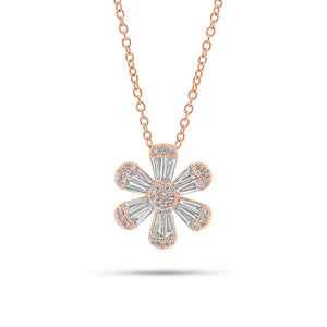 Round and Baguette Diamond Flower Pendant - 18K gold weighing 4.07 grams  - 25 round diamonds weighing 0.13 carats  - 12 slim baguettes weighing 0.64 carats