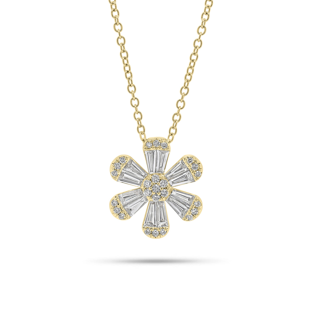 Round and Baguette Diamond Flower Pendant - 18K gold weighing 4.07 grams  - 25 round diamonds weighing 0.13 carats  - 12 slim baguettes weighing 0.64 carats