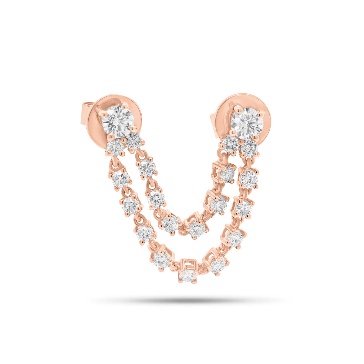 Diamond Double Chain Stud Earring - 14K gold weighing 2.78 grams  - 21 round diamonds weighing 0.98 carats