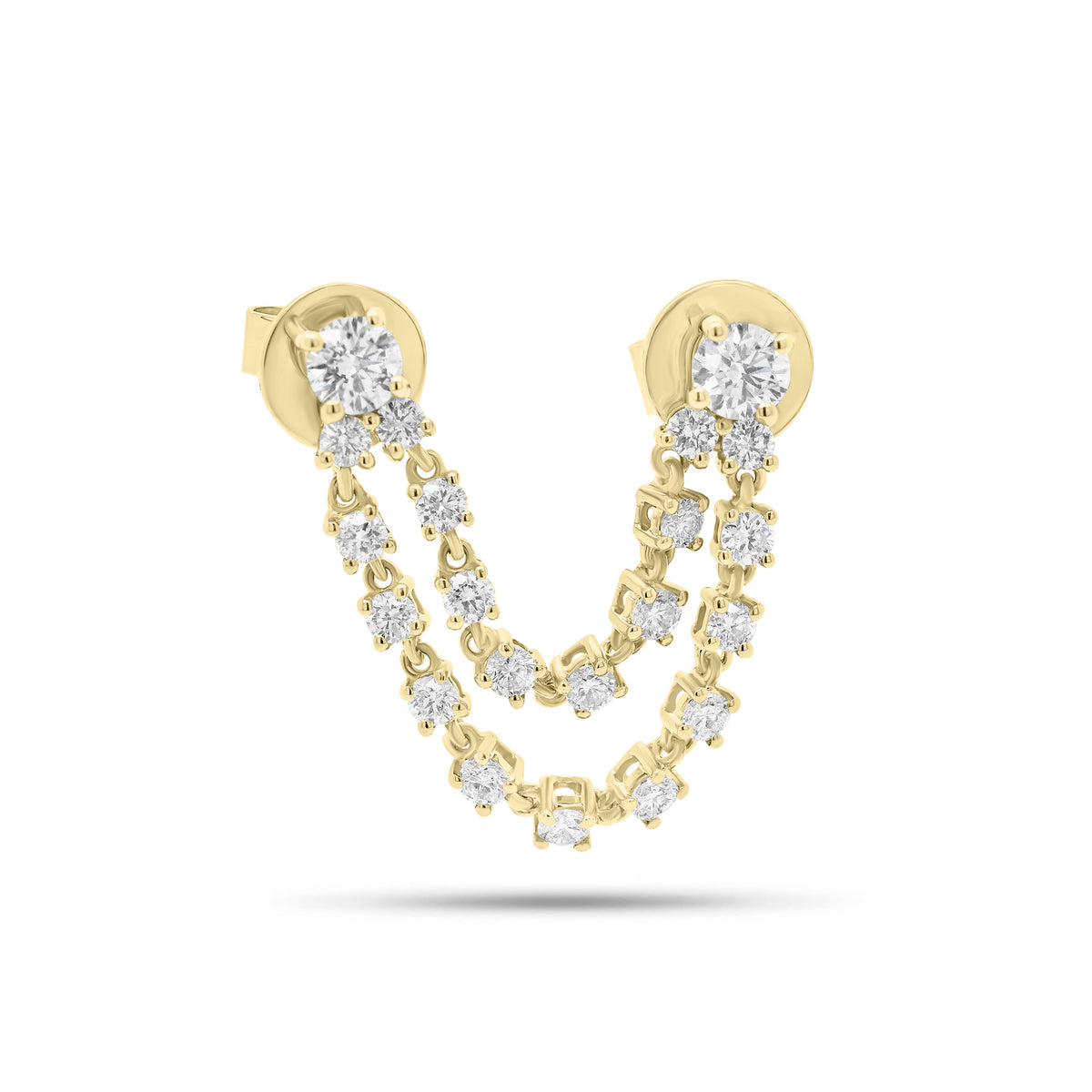 Diamond Double Chain Stud Earring - 14K gold weighing 2.78 grams  - 21 round diamonds weighing 0.98 carats
