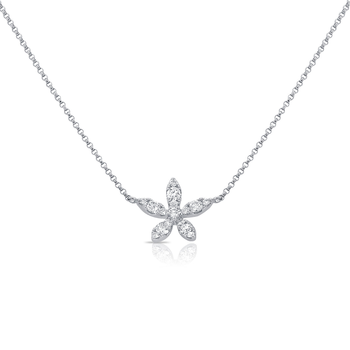 Diamond Delicate Flower Necklace  - 14K gold weighing 2.85 grams  - 16 round diamonds totaling 0.54 carats