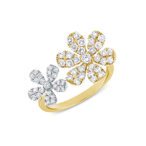 Diamond Flower Double Finger Ring  - 14K gold weighing 3.09 grams  - 57 round diamonds totaling 1.02 carats