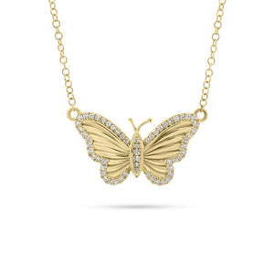 Diamond Wide Butterfly Pendant  - 14K gold weighing 2.54 grams  - 58 round diamonds totaling 0.17 carats