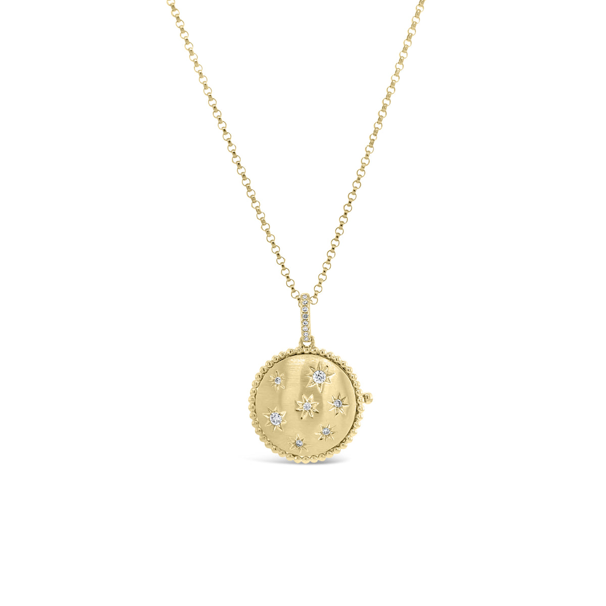 Diamond Star Locket Necklace  -14K gold weighing 5.24 grams  -15 round diamonds totaling 0.12 carats